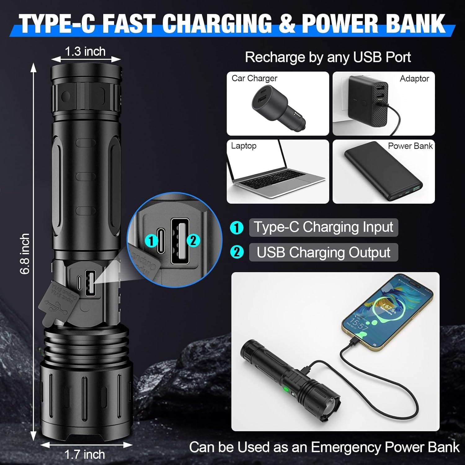 2-Pack 1000 High Lumens Flashlights,Super Bright LED light 5 Modes, Waterproof with Power Display for Outdoor Home Hiking Camping Essentials