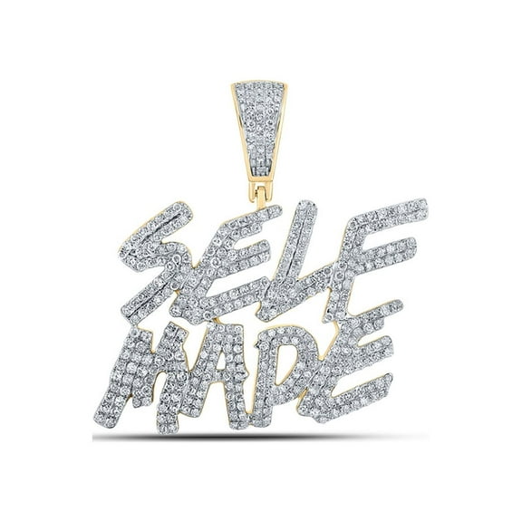 14kt Yellow Gold Mens Round Diamond SELF MADE Phrase Charm Pendant 1-3/8 Cttw