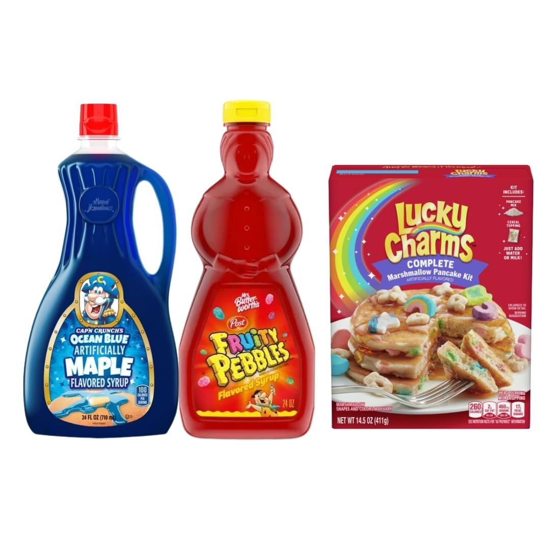 Cap'n Crunch Ocean Blue Maple and Fruity Pebbles Flavored Pancake Syrup