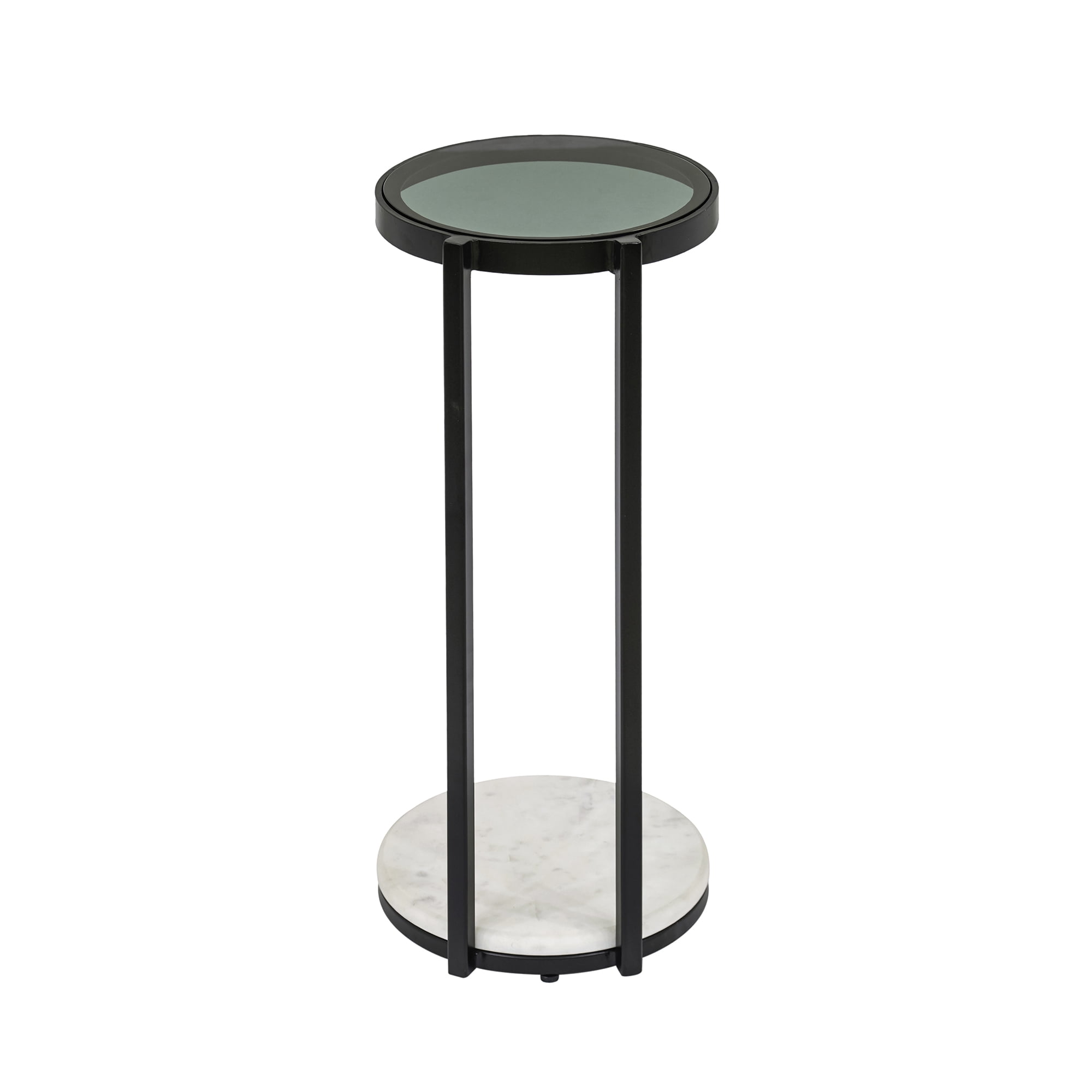 Modern Accent Side Table, Clear Glass Top with Black Metal Frame & White Marble Base, Compact 10×10×23.25 Inch Drink End Table for Living Room Bedroom