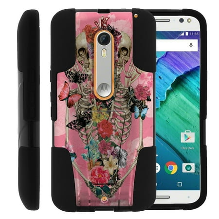 Skeleton Stand Motorola Moto X Style and Moto X Pure XT1575 STRIKE IMPACT Dual Layer Shock Absorbing Case with Built-In Kickstand - Rose Flower Skeleton ()