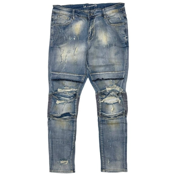 Crysp Denim Men's Biker Moto Distressed Rip & Repair Skinny Fit Stretch Jeans (34, Indigo Rust)