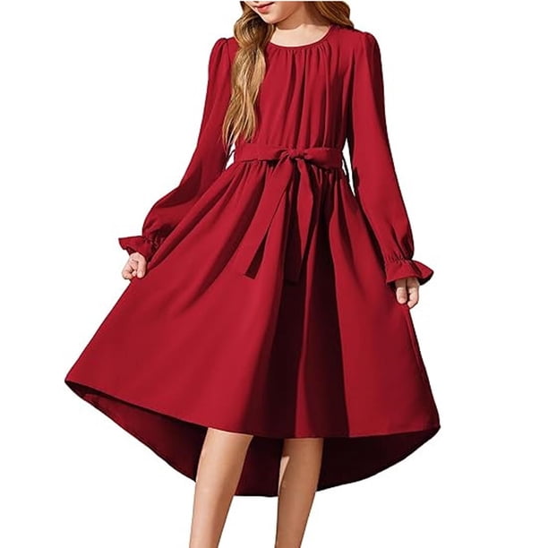 Vestido Largo de Manga Larga de Moda Y Cómodo Color Sólido con Cinturón para las Niñas, Falda Plisada para el Vestido de Cumpleaños para las Niñas