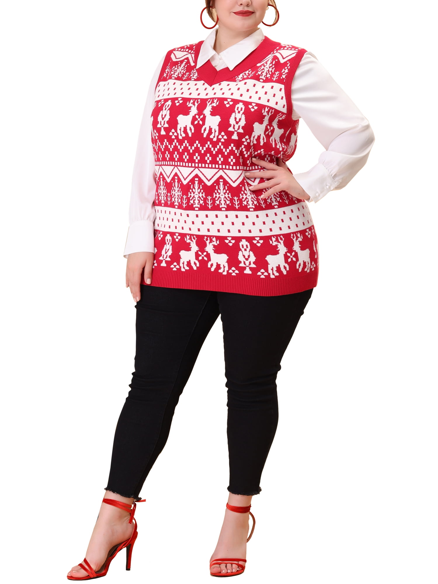 Unique Bargains Juniors' Plus Size Houndstooth Vest V Neck Loose Knitted Sweaters 2X Red