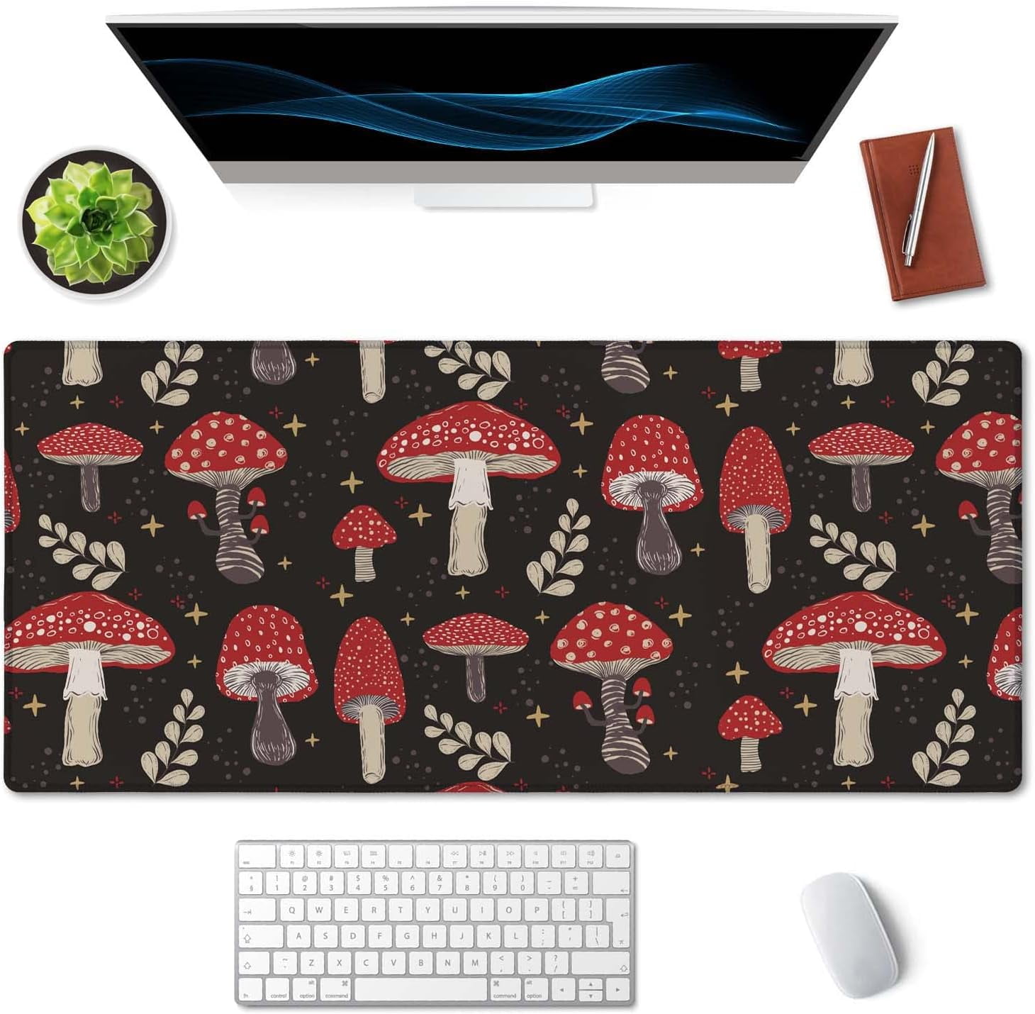 Cute Mushroom Pattern Desk Mat, Extended Mouse Pad, Large Gaming Mouse Pad 35.5" X 15.7", Waterproof Desk Mat Stitched Edges, Non-Slip Laptop Computer Keyboard Mousepad for Office and Home