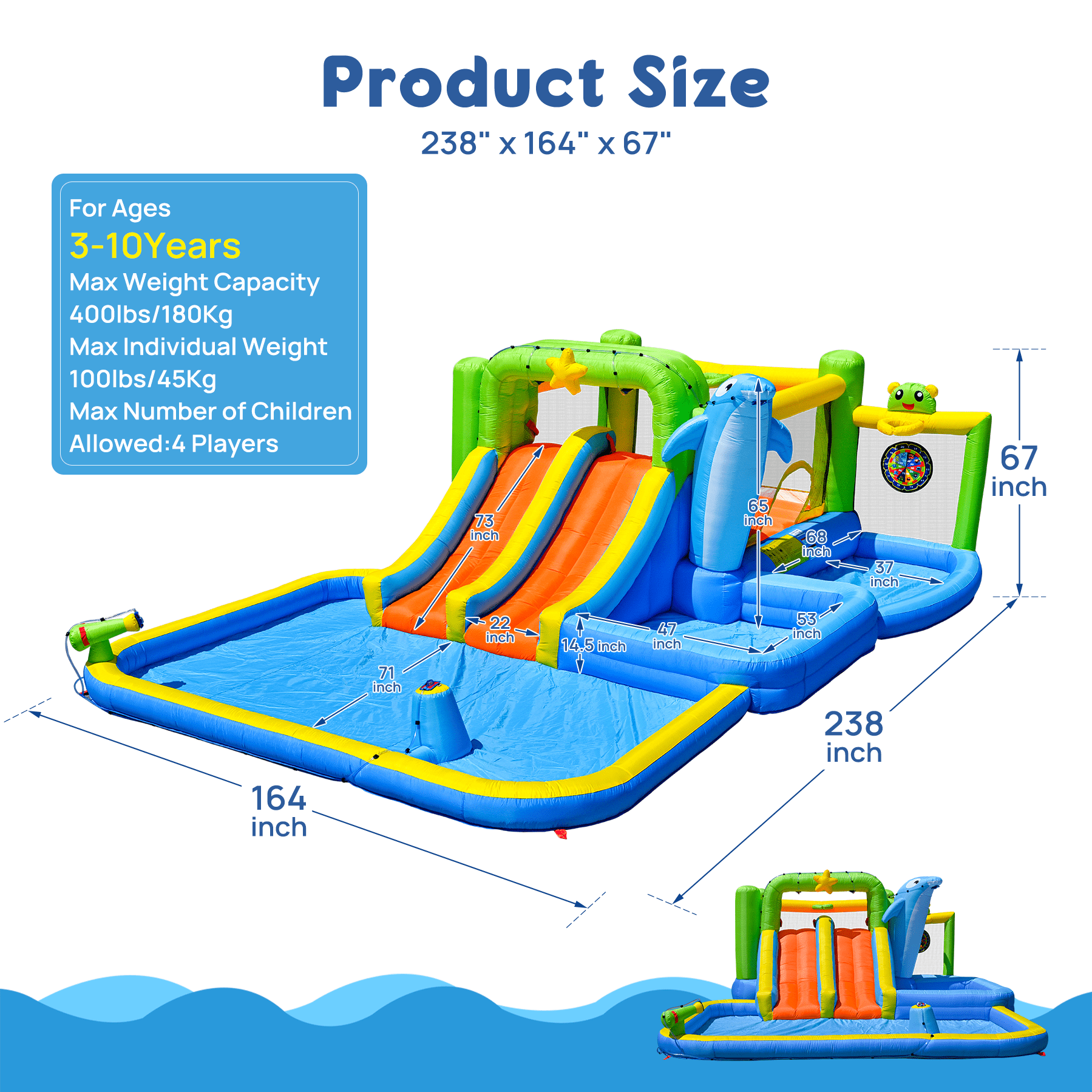 Outdoor Inflatable Water Park Bouncy Castle with Blower for Backyard Lawn, Continuous Air Inflation Design, Must Be Fixed with Ground Stakes, Only for Domestic Family Use
