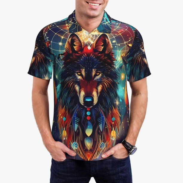Balery Mystic Wolf Dreamcatcher Camisa Polo de Hombre con Estampado, de Manga Corta y Tejido Medio, Camisa Tipo Golf Polo-4X-Large