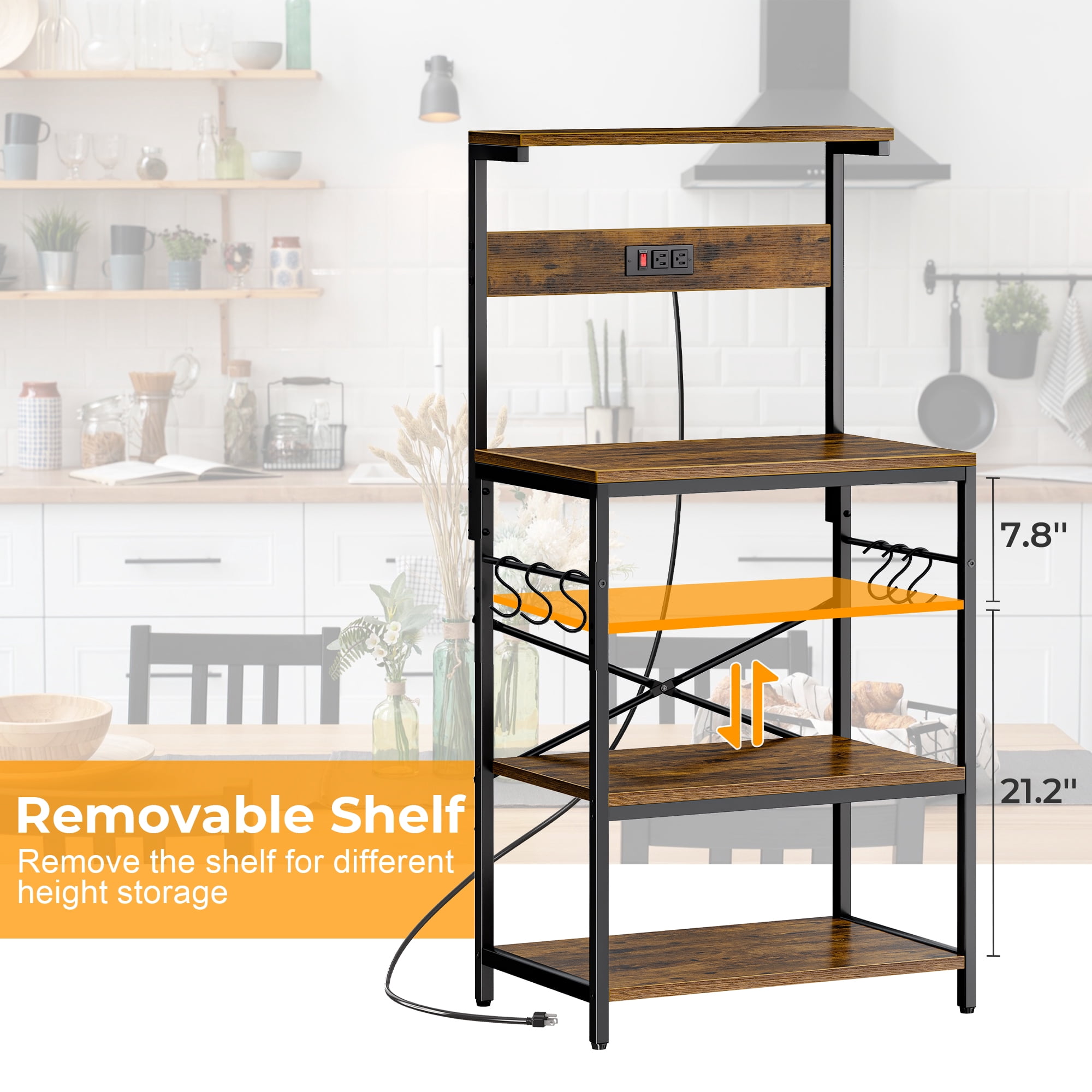 SUPERJARE Bakers Rack with Power Outlet, Kitchen Coffee Bar Table, Wood Microwave Stand Table with Hooks and Storage Shelves, Kitchen Shelf Rack, Rustic Brown