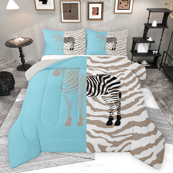 Feelyou Kawaii Blue Zebra Bedding Comforter Set, Simple Fashion Style Twin Comforter Sets, Teens Kids Boys Girls Reversible Bedding Set, Luxury Bedroom Decor, 2 Pieces