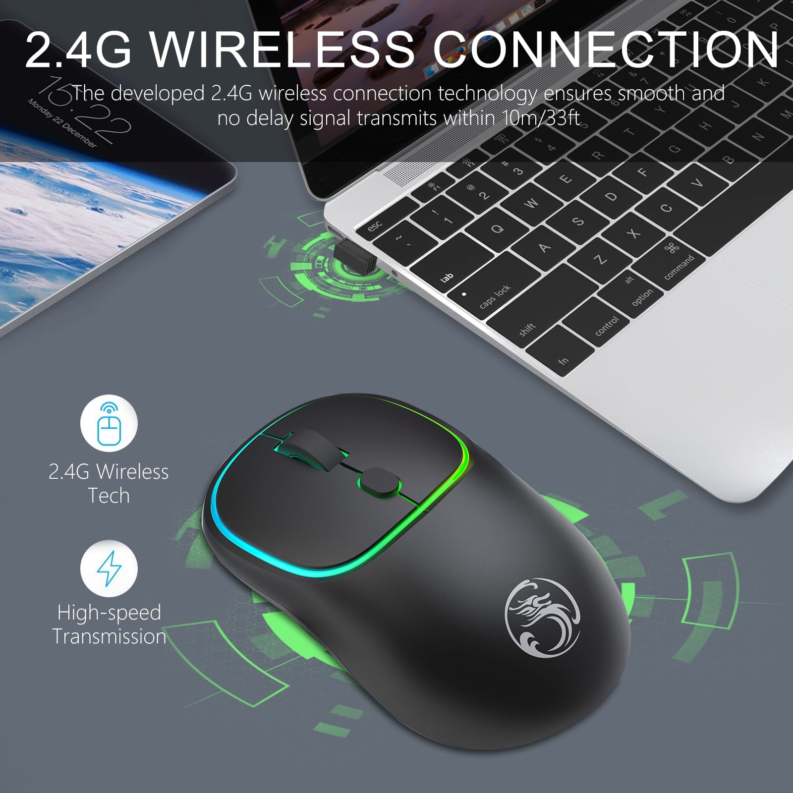 TSV Wireless Mouse for Laptop, 2.4G Rechargeable Slim RGB Computer Mouse, Portable Ergonomic Silent Optical Mice for Windows XP / Vista / 7 / 8 /