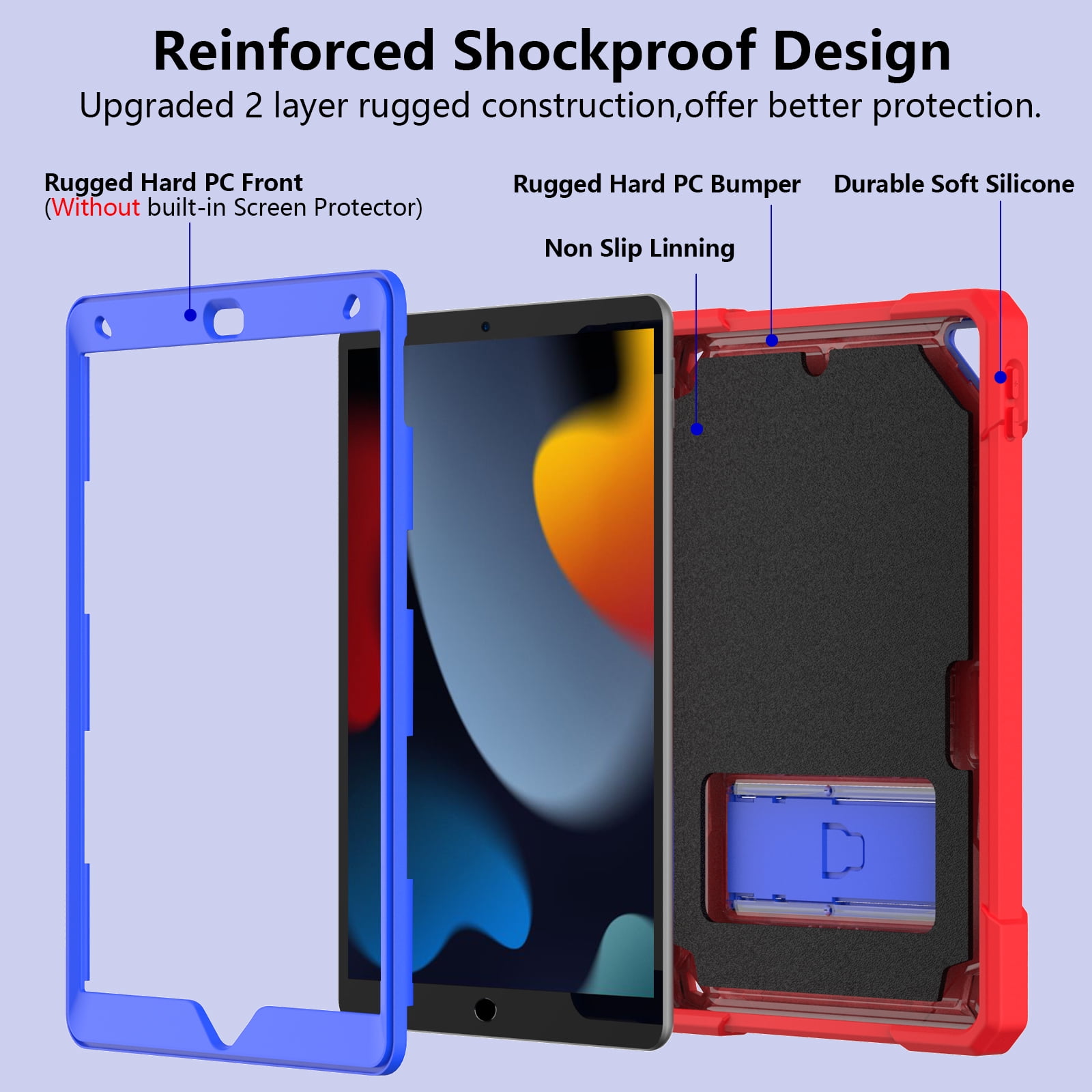 ELEHOLD Hybrid Rugged Case for iPad 9th/8th/7th Gen 10.2 2021/2020/2019, Heavy Duty Shockproof Case with Hidden Foldable Kickstand Adjustable Crossbody Shoulder Strap Pencil Holder,Red