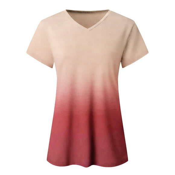 Minnieouse Camiseta degradada para mujer, ropa de calle elegante multicolor con cuello en V, fibra de verano, manga corta, para correr, playa, Prendas para la parte del cuerpo Rosa claro XXXL