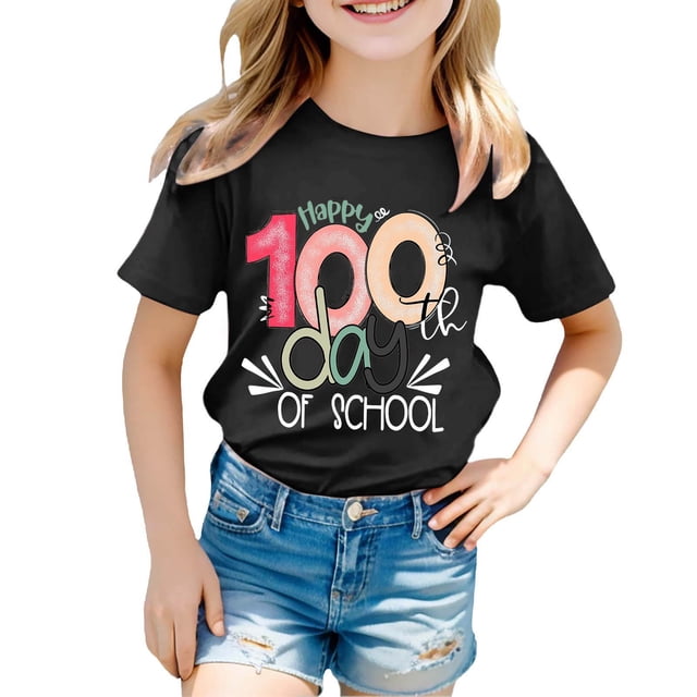 LUOGENLI T-Shirt pour Filles Enfants Mode Décontractée Imprimé Col Rond Ample Manche Courte T-Shirt Haut Chemises pour Filles Tendance Printemps Noir 8-9 Ans
