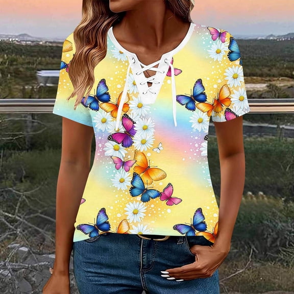 QUNYINEY Oversized Tshirts for Women Going Out Casual Butterfly Short Sleeve Graphic Tees Cutout Summer V Neck Relaxed Fit Pullover Trendy Tops for Women 2026