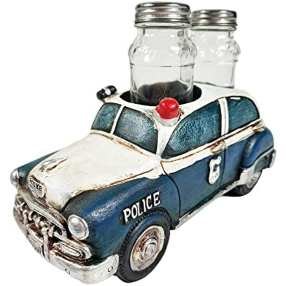Urbalabs Western Police Car, Fire Truck, Ambulance Large Salt and Pepper Shaker Caddy Farmhouse Dinner Table Kitchen Ranch Decorations Rustic Cowboy Decor Hand Painted (Police Car)