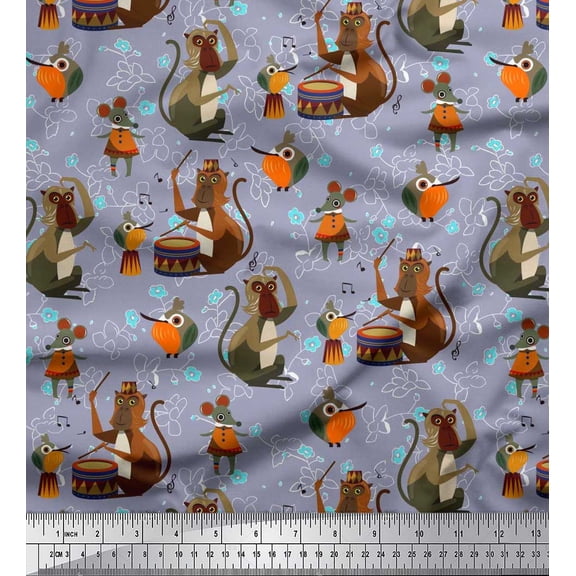 Soimoi Silk Fabric Musical Instruments,Monkey & Rat Cartoon Decor Fabric Printed Yard 42 Inch Wide