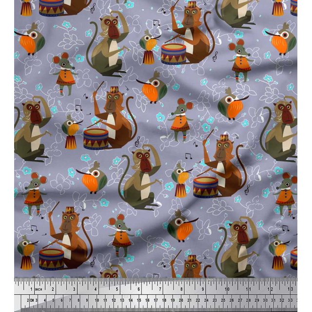 Soimoi Silk Fabric Musical Instruments,Monkey & Rat Cartoon Decor Fabric Printed Yard 42 Inch Wide
