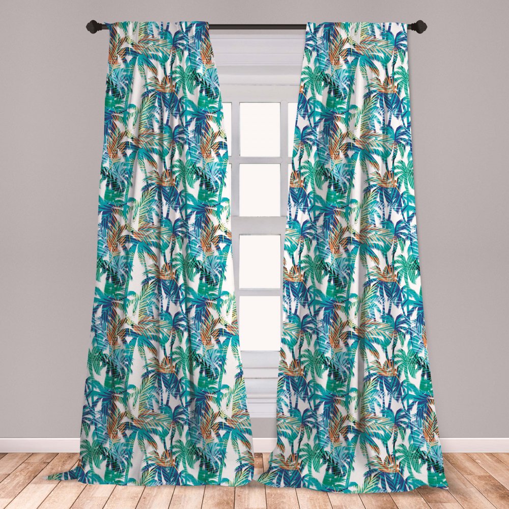 Palm Leaf Curtains 2 Panels Set, Tropical Summer Print with Palm