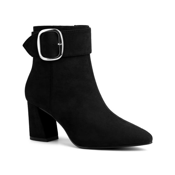 BLISSFUL STEP Women's Ankle Boots Leopard Faux Suede Pointed Toe Block Heel Square Buckle Boot Black 6