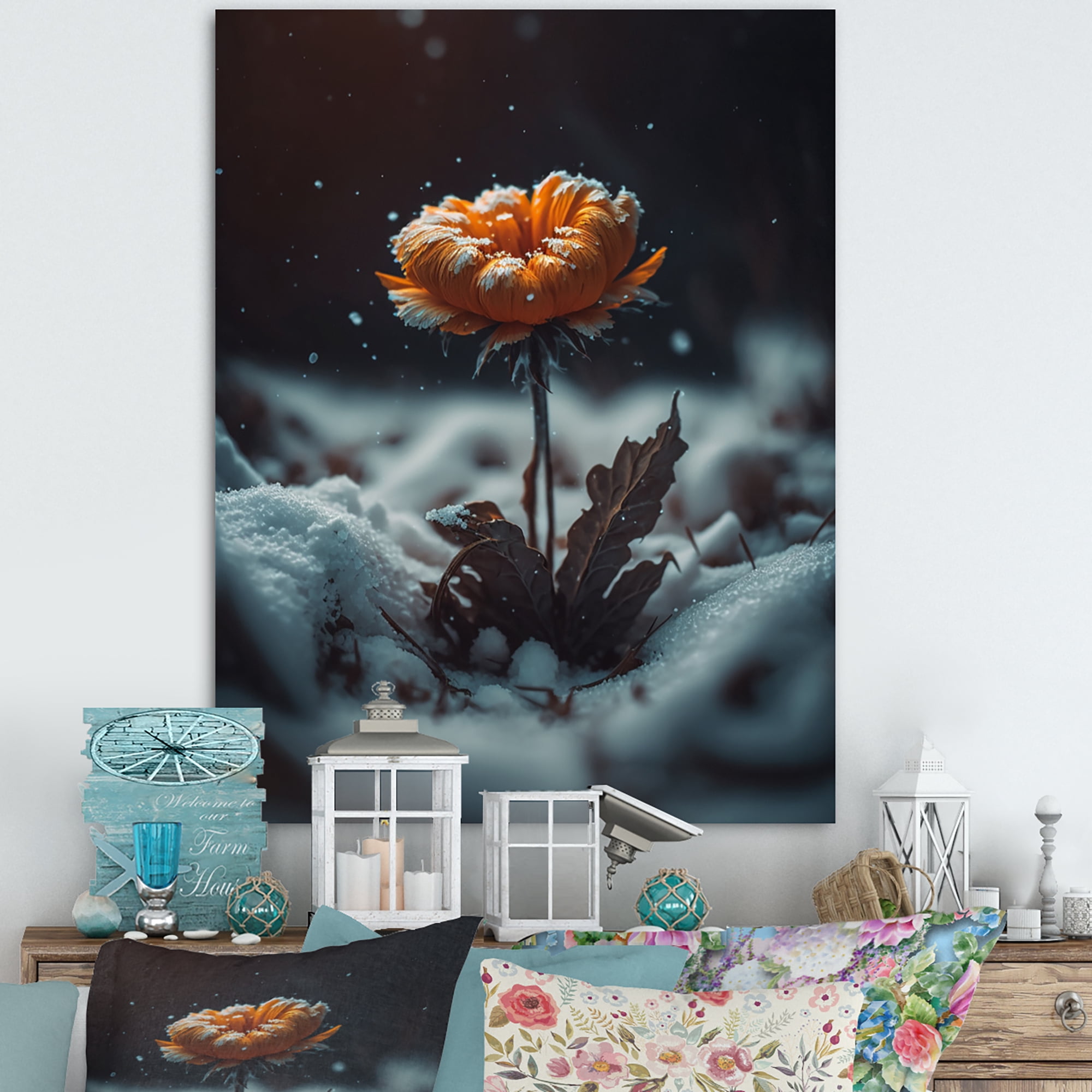 Designart A Blooming Orange Marigold Flower In Winter I Canvas Wall Art
