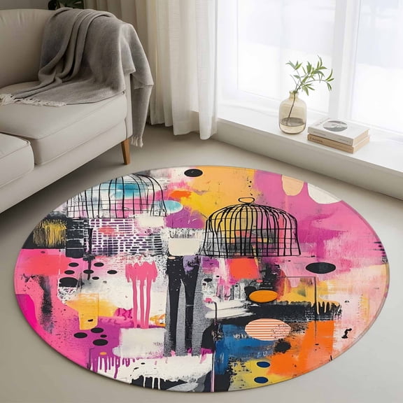 Round Rugs 4Ft, Pink Orange Blue Round Area Rug Washable Indoor Throw Carpet, Modern Oil Painting Contemporary Soft Non Slip Circle Rug for Kitchen Nursery Room Home Decor Aesthetic