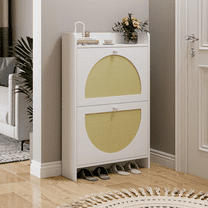 Shoe Cabinet with 2 Flip Drawers, Rattan Door Storage Organizer for Entryway, Free-Standing Shoe Cabinet, White