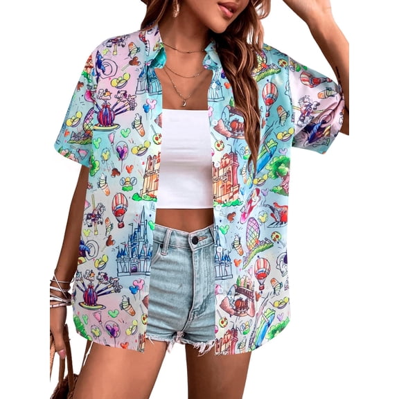 ALLTB Women Funny Graphic Hawaiian Shirts Family Vacation Button Up Short Sleeve Tops