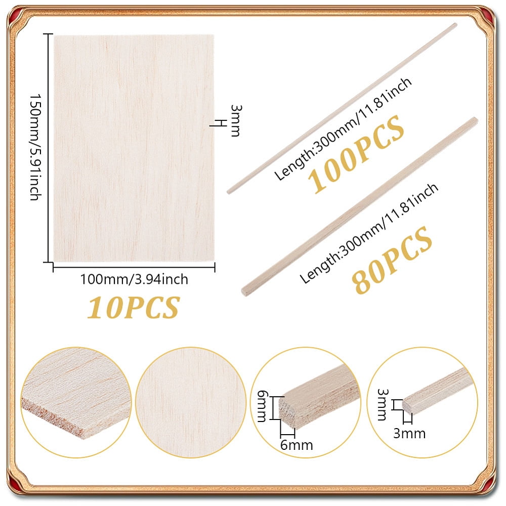 180Pcs 2 Styles Wooden Craft Sticks DIY Craft Supplies with 10Pcs Wood Sheets Mixed Color 300x3x3mm for making