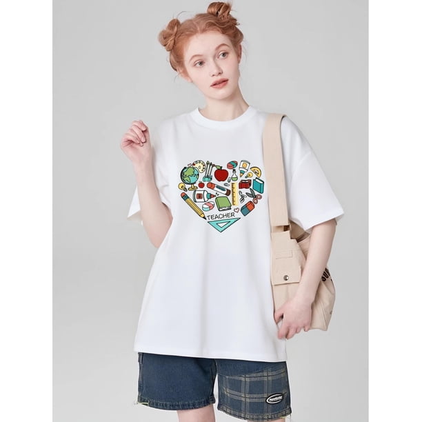 Letter And Cartoon Graphic Tee Graphic Tees Women TopsFather's Day, Mother's Day, New Year, Spring FCamisetas para mujer, lindas camisetas con estampado gráfico, de manga corta, estilo casual, para ve