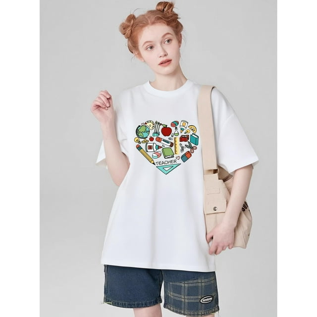 Letter And Cartoon Graphic Tee Graphic Tees Women Tops