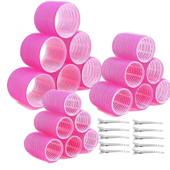 Jumbo Hair Curlers Rollers, 18 Pcs 3 Sizes Hair Roller Curlers,Self Grip Holding Rollers with 10 Pcs Hair Clips for Long Straight Thick Hair (Rose Red)