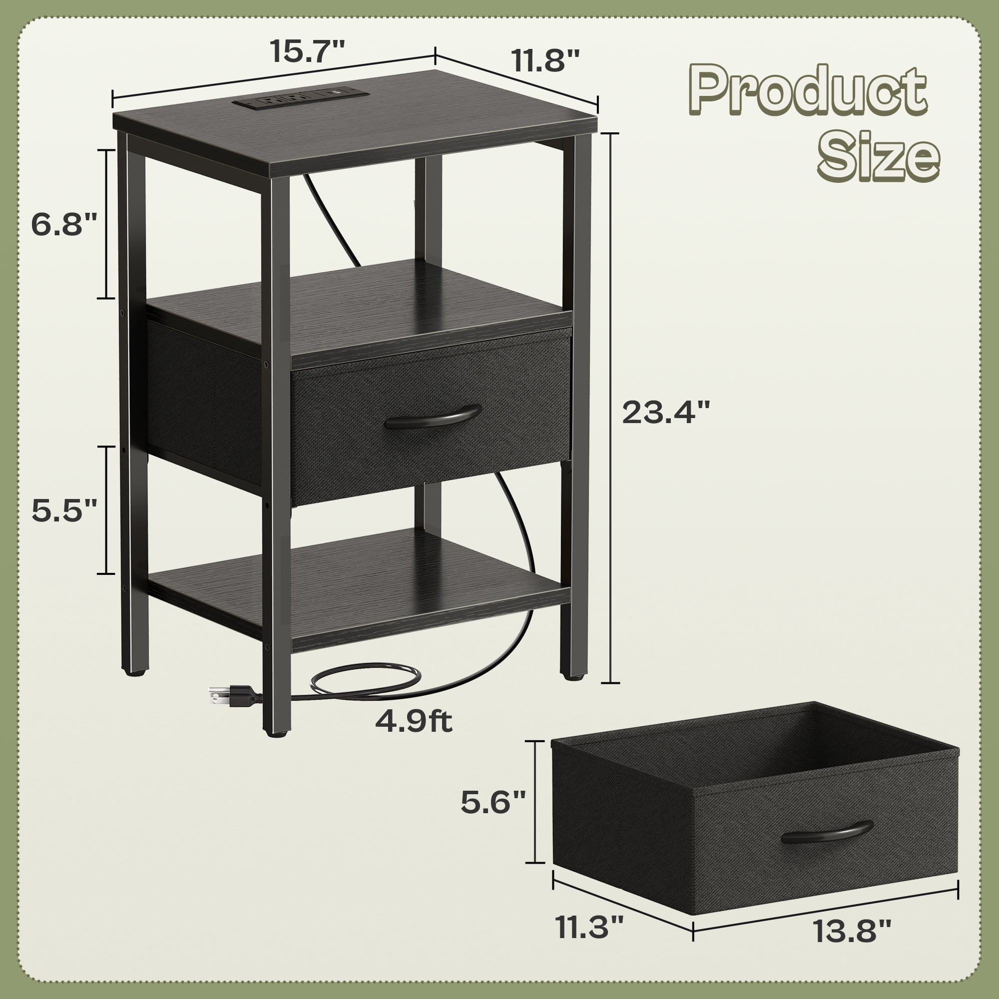 Nightstand with Charging Station, Adjustable Fabric Drawer, 3-Tier Bed Side Table, Night Stand for Bedroom, Storage End Table, Black