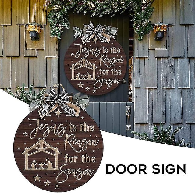Letrero navideño redondo para puerta, adorno colgante rústico de madera para puerta delantera