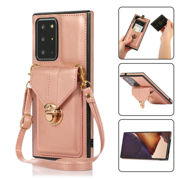 Crossbody Wallet Women Case for Samsung Note 20,[RFID Blocking] Credit Card Holder with Should Strap,Premium PU Leather Purse Metal Buckle Folio Flip Cover for Samsung Galaxy Note 20, Rosegold