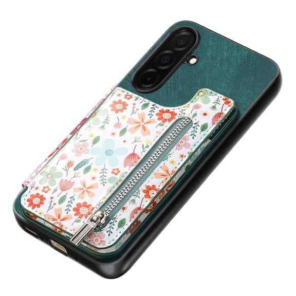 For Samsung Galaxy S26 Wallet Case, RFID Protected Zipper Purse Phone Cover with Kickstand, Shockproof Floral PU Leather for Women, Green