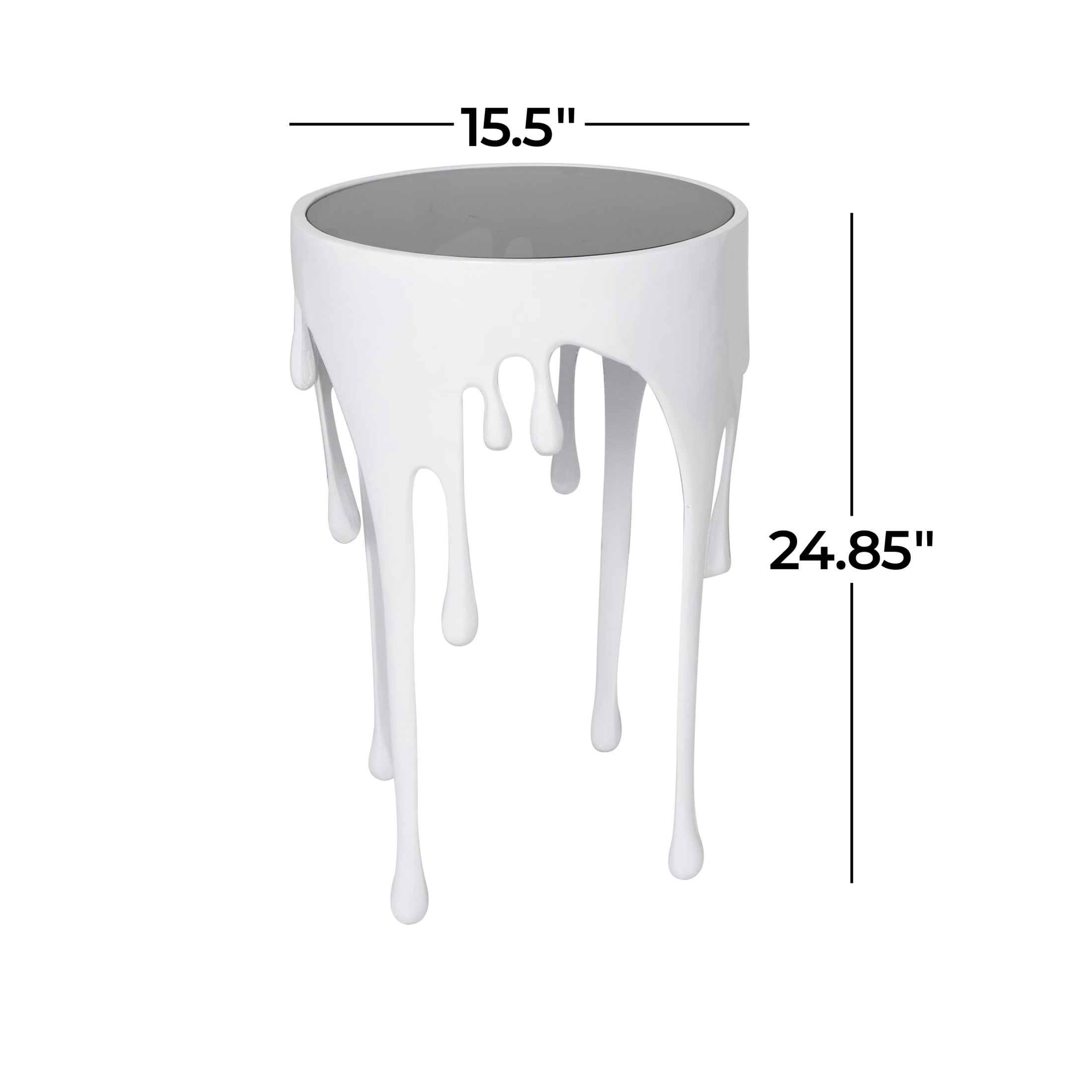 DecMode 16" x 25" White Aluminum Metal Drip Abstract Accent Table with Melting Designed Legs and Black Glass Top, 1-Piece
