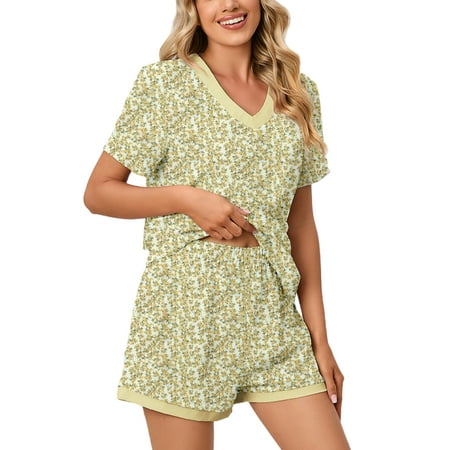 

Woobling Women Sleepwear V Neck Nightgown Loose Pajamas Sets Ladies Casual Sleep Nightwear Light Yellow 3XL