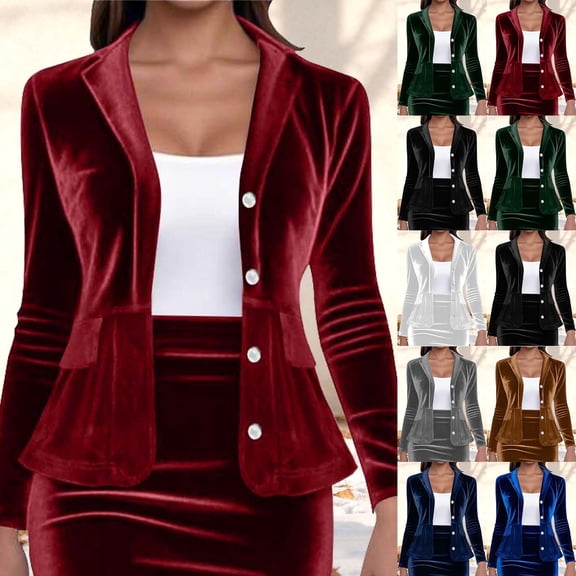 Hinvhai Women's Velvet Blazer Long Sleeve Notched Lapel Button Front Cardigan Suit Jacket Blazer White XL(XL)