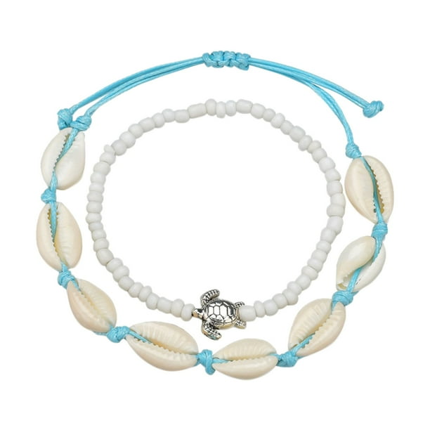 2 piezas de tobilleras de playa con colgante de caracol y tortuga boho, para mujer, con anillos, cuentas y cadenas para los pies