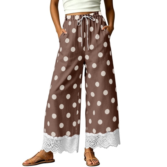 hoksml Women's Polka Dot Lace Hem Wide Leg Cropped Pants Elastic Drawstring Waist Casual Everyday Trousers
