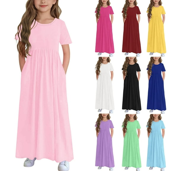 Agkizg Girls Short Sleeve Dresses Crewneck Solid Color Casual A Line Cottons Girl Sundress Dresses