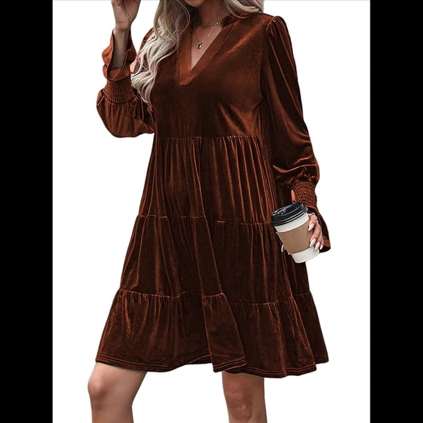 Vestido Babydoll Elegante de Terciopelo para Mujer, de Larga, Informal, con Escote en V, Corte A, Fluido, Formal, para Fiesta de Boda. Naranja Quemado XL