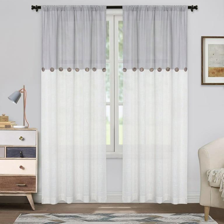 Linen Blend Curtains Rustic Country Color Block Curtain Panels Window Drapes for Bedroom Living Room Decor Grey W52 x L72Inches