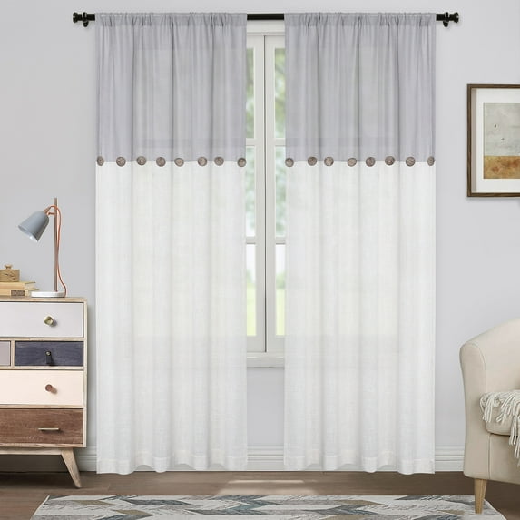 Farmhouse Linen Blend Curtain, Color Block Boho Button Rod Pocket Curtain Drape