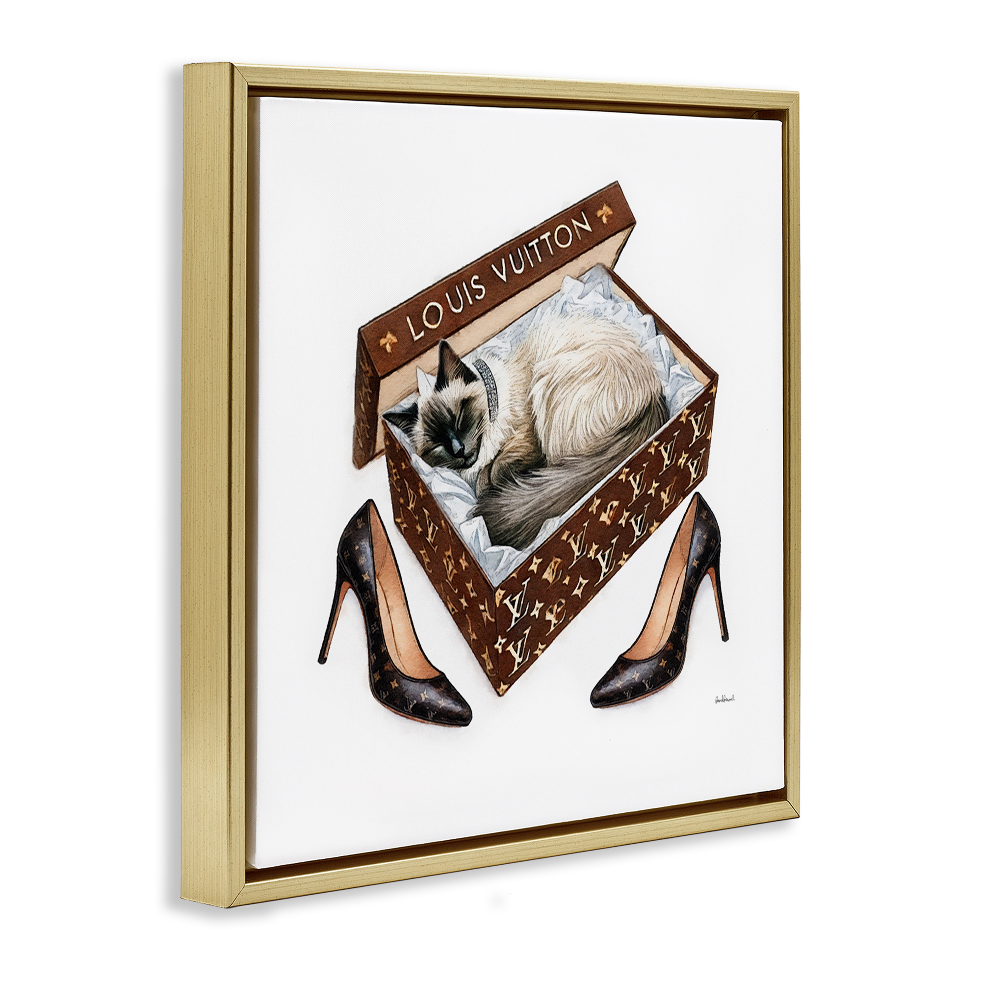 Stupell Industries Kitty Sleeping Heels Box Animals Painting Gold Floater Framed Canvas Art Print Wall Art, 18 x 18