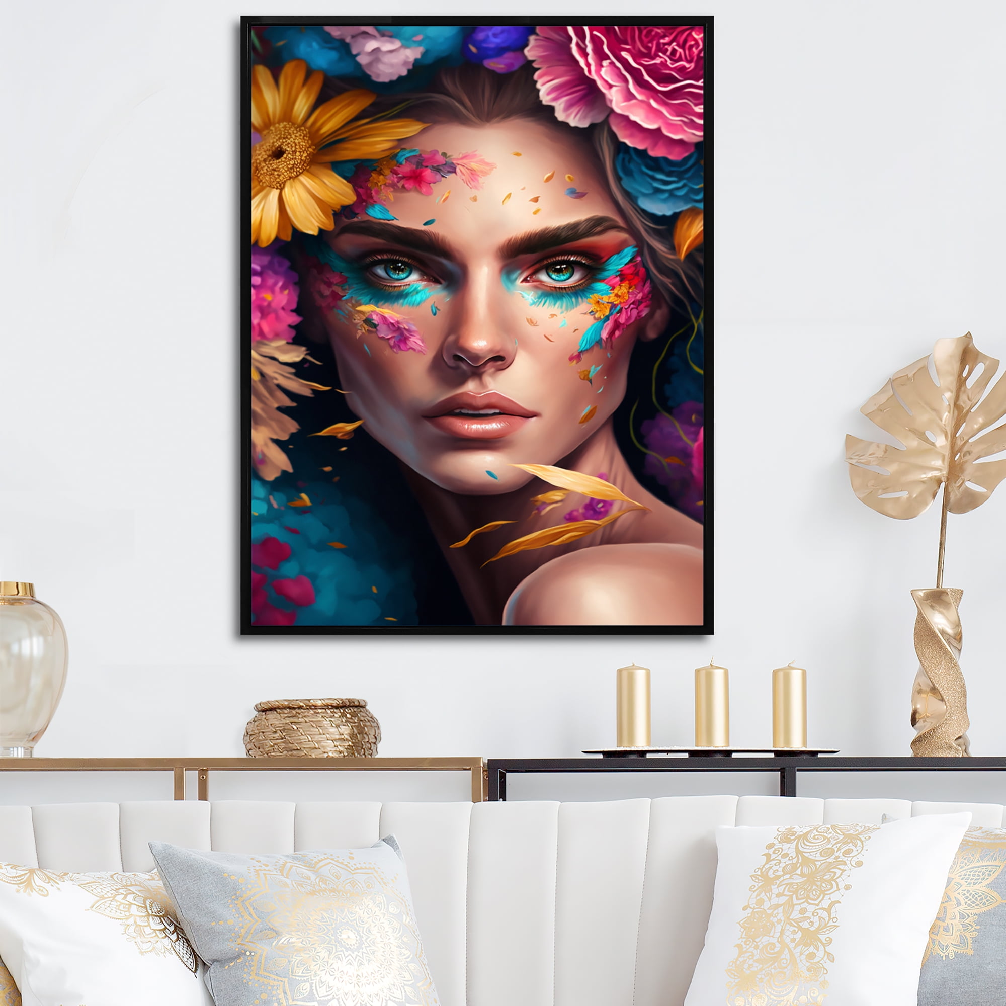 Designart Floral Sensual Woman Portrait III Floating Frame Wall Art