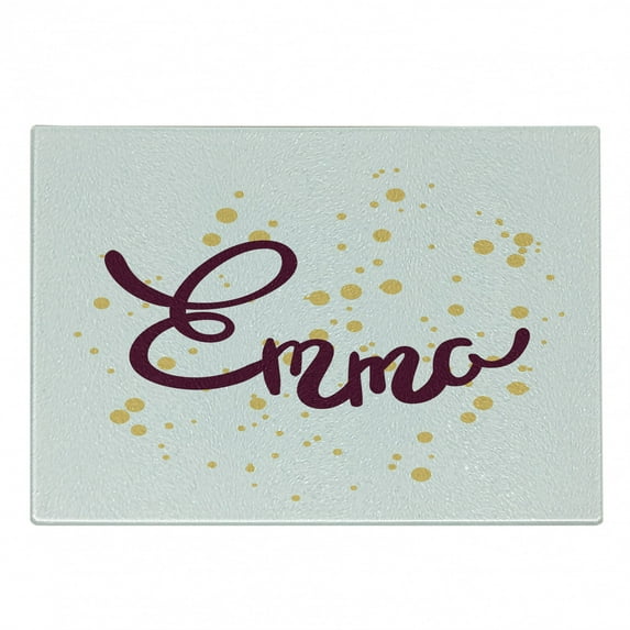 Emma Cutting Board, Feminine Letters Arrangement Handwritten Girl Name Curves and Swirls, Decorative Tempered Glass Cutting and Serving Board, Small Size, Purple and Mustard, by Ambesonne