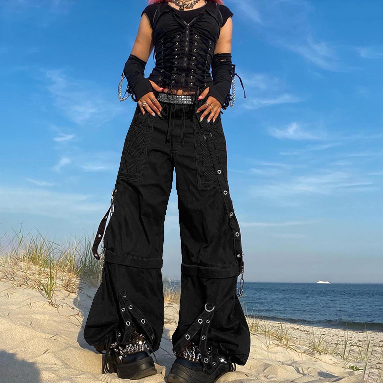 Jerdar Womens Gothic Punk Wide Leg Cargo Pants High Waist Mesh