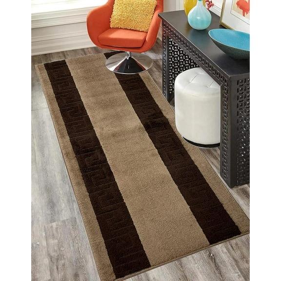 EnjinZZ Washable Runner Rug Meander Design Beige Brown, (7 Feet Length x 26 Inch Width) Custom Cut Slip Resistant Rubber Backing Runner Rugs, Extra Long Runner Rugs for Hallways