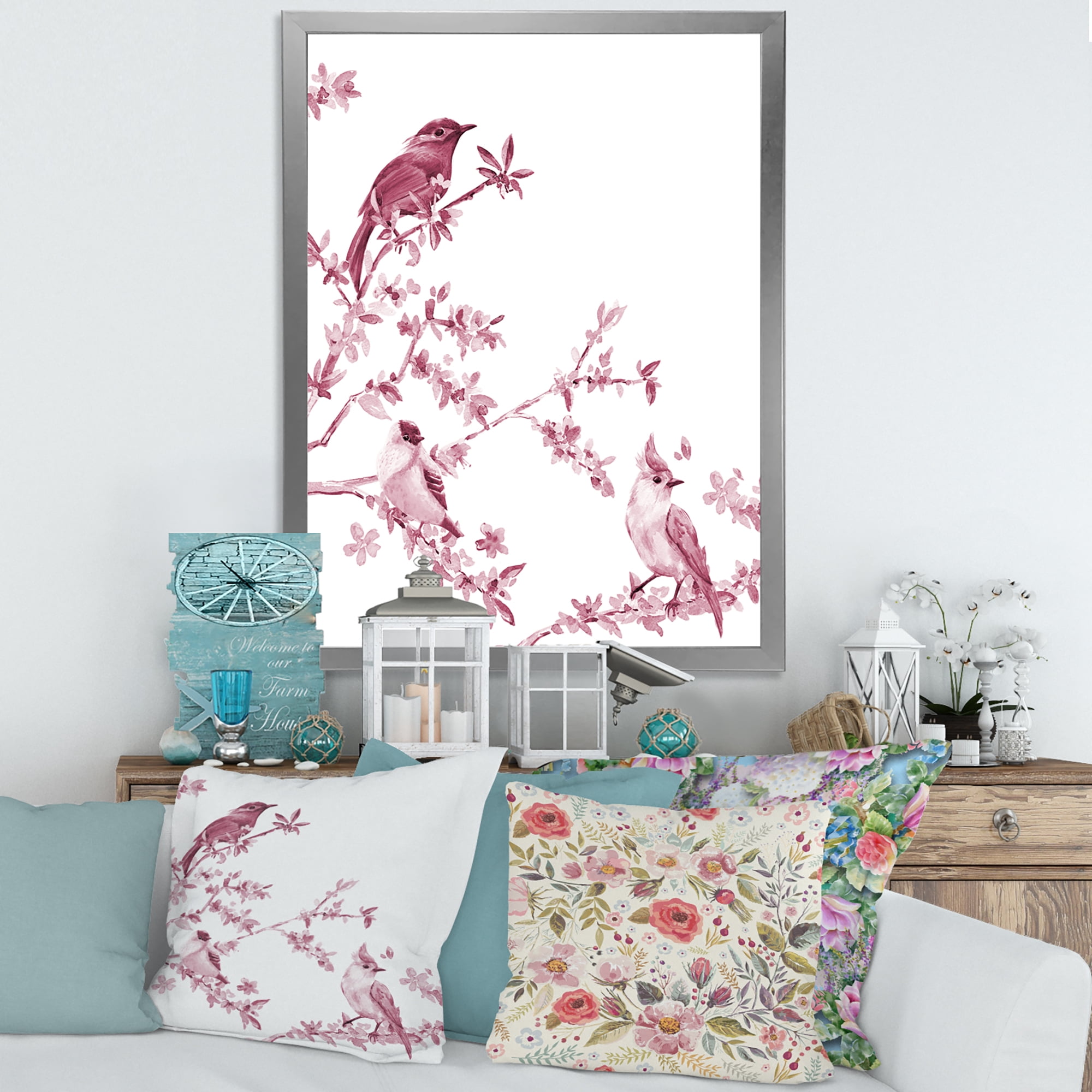 Beautiful Pink Birds Sitting On Flowering Branches 30 in x 40 in Framed Painting Canvas Art Print, by Designart
